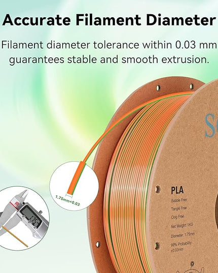 Sovol PLA Filament Silk Tri Color Co-Extrusion 1.75mm, 3D Printer Filament 1kg/ 2.2lbs, Shiny Silk Blue Green Orange 3 in 1 Coextrusion PLA Material +/-0.03mm