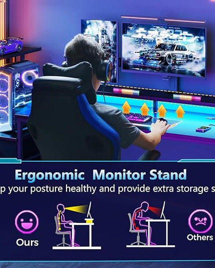 AODK 59 Inch Gaming Desk with USB Charging Ports & LED Light- Reversible Computer Desk with Storage Shelves & Monitor Stand, Modern Gamer Desk Table with Fabric Drawers & Side Hook, Carbon Fiber Black