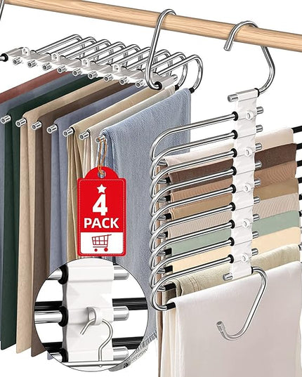 Upgrade 9 Layers Pants Hangers Space Saving, Non Slip Stainless Steel Multifunctional Pants Rack S-Type Clothes Pant Closet Hanger Organizer for Pants Jeans Trousers Scarf Skirts(4 Pack, Antiquewhite)