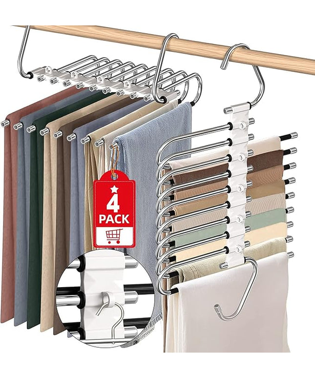 Upgrade 9 Layers Pants Hangers Space Saving, Non Slip Stainless Steel Multifunctional Pants Rack S-Type Clothes Pant Closet Hanger Organizer for Pants Jeans Trousers Scarf Skirts(4 Pack, Antiquewhite)
