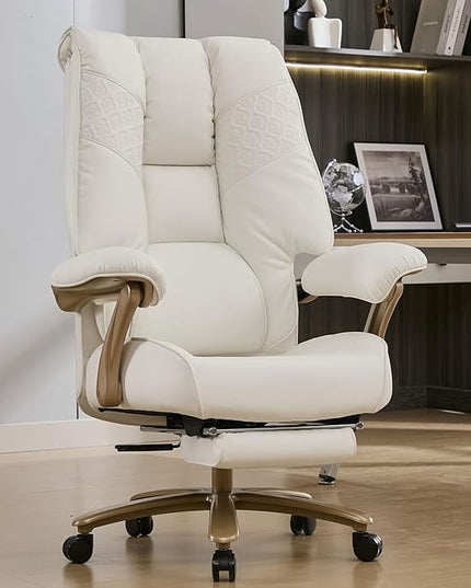 Big and Tall Executive Office Chair with Footrest, 400LBS Capacity Ergonomic High-Back Desk Office Chair with Lumbar Support, Padded Armrests & Thick Cushion, White PU Leather Chairs