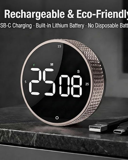 Rechargeable Magnetic Kitchen Timer,LED Countdown/Up Timer, Supports USB-C Charging,with Loud Alarm,3 Preset Quick Times(5/15/25m),Perfect for Kitchen Cooking, Studying, and Fitness (Brown)