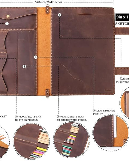 Robrasim Handmade Leather Sketchbook Cover, Artist Sketch Pad Holder for 9"X12" Top Spiral Bound Sketchbook, Drawing Book Pencil Case, Journal Portfolio with Shoulder Strap, Artist Gifts,Brown