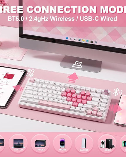 YUNZII B75 PRO Wireless Mechanical Keyboard,75% Layout with Knob,Hot Swap Gasket Structure,Creamy Pre-lubed Switches,RGB Backlit,Bluetooth/Type-C/2.4G for Win/Mac (White, Cocoa Cream V2 Switch)