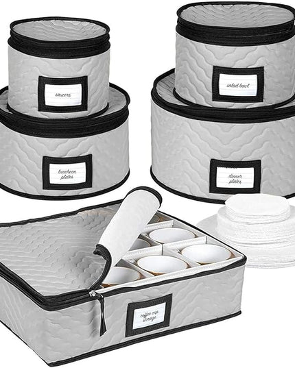 China Storage Containers 5-Piece Set Moving Boxes for Dinnerware, Glasses, Plates, Mugs and Saucers Sturdy Quilted Microfiber Dish Organizer with Dividers for Seasonal Storage - Holds Set of 12, Gray
