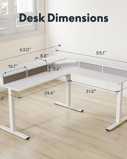 FLEXISPOT 63" L Shaped Standing Desk with Shelf Electric Corner Table, Drawers, Adjustable Computer Workstation for Home, Office,63x55in, White Top + White Frame