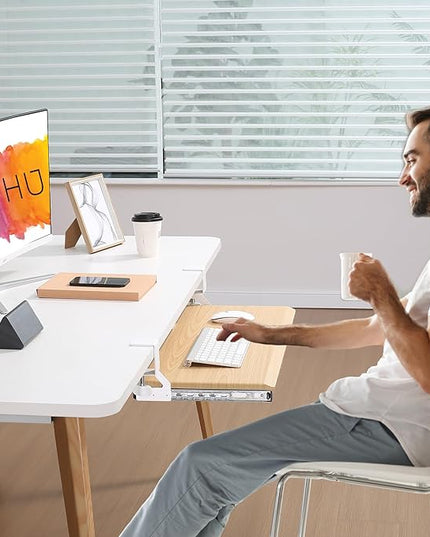 ETHU Keyboard Tray Under Desk, Pull Out Keyboard & Mouse Tray with C-clamp, Ergonomic Desk Keyboard Tray Slide Out, Pull Out Platform Drawer for Home and Office（Oak）