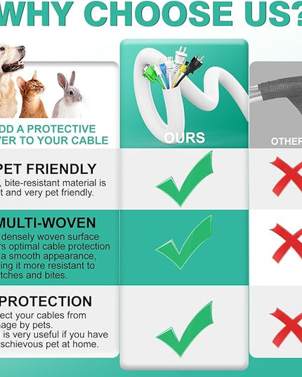 UOMTFAI Dog and Cat Cord Protector 10ft - 3/8inch, Flexible Cable Sleeve for Easy Cord Management, Protects Cables from Pets Chewing, Ideal for USB, Power, Audio and Video Cords - White