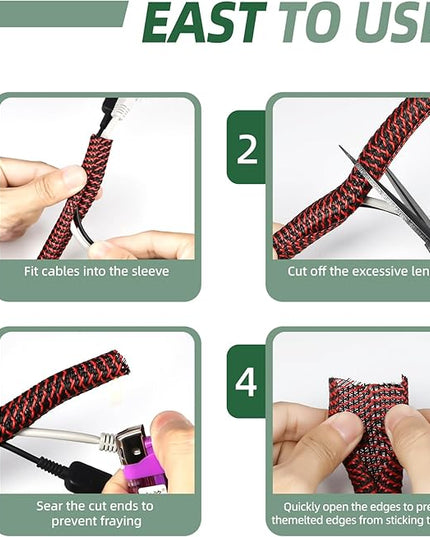 Split Wire Loom Tubing, Cable Protector Sleeve, Braided Cable Management for TV/Computer/Home Theater/Engine Bay, Cord Protectors from Pets No Chew (Red and Black, 3/4"-10ft)