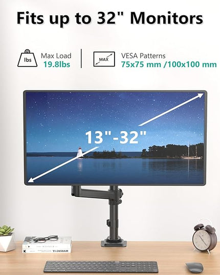 WALI Single Monitor Arm 13-32 Inch, Single Monitor Mount, Vesa Desk Mount up to 19.8lbs Gas Spring Arm with Clamp, VESA 75x75mm or 100x100mm Compatibility(GSDM001), Black