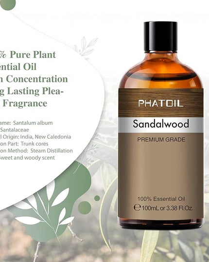 PHATOIL 100ML Sandalwood Essential Oil, Pure Aromatherapy Essential Oils for Diffuser, Humidifier, Relax, Scented Oils for Soap, Candle Making, Huge 3.38fl.oz Bottle