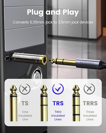 MOSWAG 3.5mm to 6.35mm Adapter, 3.5mm TRS 1/8 inch Audio Male to 6.35mm 1/4 inch Female Mic Plug Adapter Jack Converter for amplifiers, Mixing Console, Home Theater Devices, Electric Guitar -1Pack