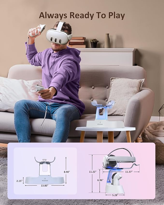 NexiGo Enhanced Charging Dock for Meta Quest 3 and 3S, with LED Light [On/Off], [Support Elite Strap with Battery], Headset Display Holder and Controller Mount, Rechargeable Batteries, White