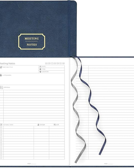 EMSHOI Meeting Notebook for Work with Sticky Tabs - 240 Pages, A4 Size Project Planner, PU Leather Meeting Agenda/Minutes Organizer for Women Men, Note Taking, Office & Business, 8.3"x11.7", Blue
