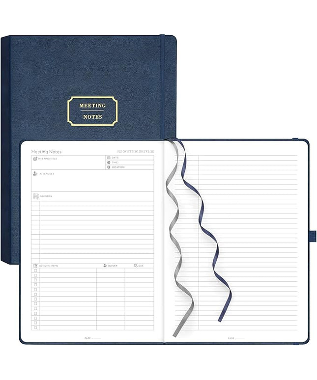 EMSHOI Meeting Notebook for Work with Sticky Tabs - 240 Pages, A4 Size Project Planner, PU Leather Meeting Agenda/Minutes Organizer for Women Men, Note Taking, Office & Business, 8.3"x11.7", Blue