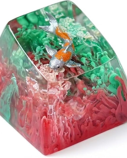 Kohaku Koi Artisan Keycap Turquoise and Purple Coral R1 SA Profile Custom Keycaps 1U ESC Handmade Gaming Resin Key Cap Cherry MX Switch Compatible Mechanical Keyboard Koi Lover Gift