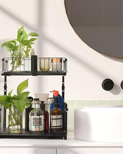 Under Sink Organizer, Multi-Purpose Sliding Cabinet Storage 2 Tier Sink Organizer, Adjustable Kitchen Organizers and Storage, Easy Install & Clean, Black