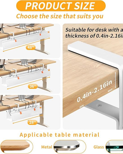 No Drill Under Desk Cable Management Tray, 28" Cord Organizer with Clamp, Fabric Cable Management for Standing Desks, Ideal for Home & Office - White