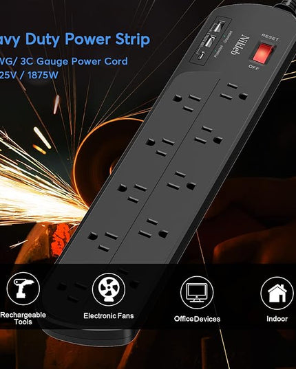 Extension Cord with Multiple Outlets, Surge Protector Power Strip with USB, 6ft Power Cord, 10 Wide Outlets, 2 USB+1 USB C Fast Charging Ports, Wall Mount, Heavy Duty, Home, Office Accessories