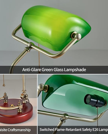 Bankers Lamp, Traditional Green Desk Lamp with Solid Birch Wood Base, Green Glass Antique Library Lamp with Pull Chain Switch, Plug in Vintage Bankers Desk Lamp for Office, Study Room 【E26 Socket】