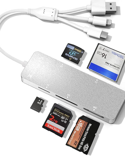 Memory Stick Pro Duo Reader for Lexar/Sony/Fuji - 5in3 Aluminum OTG Adapter for Memory Stick Pro Duo/XD/Compact Flash/SD/Micro SD Cards, Lightning USB C USB A Multi Card Reader for Camera/GoPro/Drone