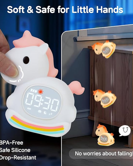 Cute Alarm Clock for Kids with Night Light, Sleep Training Clock Time to Wake Clock, Rechargeable Silicone Light for Bedroom, Perfect Sleep Companion for Boys Girls, Pink Pony