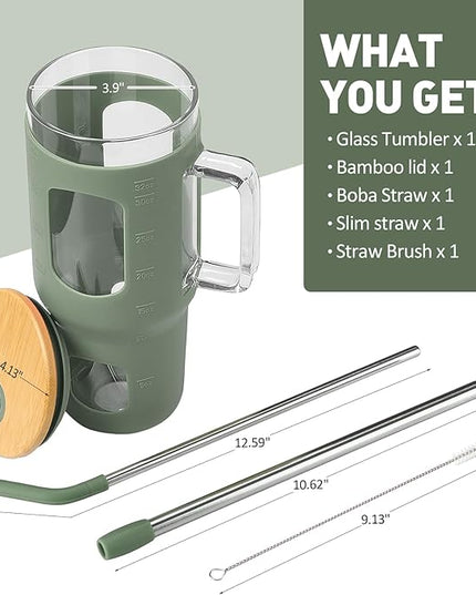 Glass Tumbler with Lid, 32 oz Glass Cup with Handle, Glass Water Bottles with Time Marker, 2 Straws - Pearl Straw & Silicone Protective Sleeve - Olive