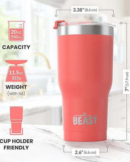 Beast 20 oz Tumbler Stainless Steel Vacuum Insulated Coffee Ice Cup Double Wall Travel Flask (Coral Pink)