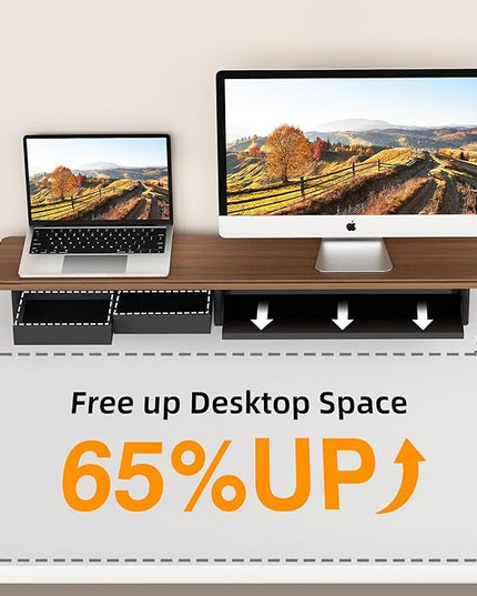 Large Dual Monitor Stand For Desk,43 Inch Desktop Computer Riser with Metal Drawer Desk Shelf Organizer For Computer/Laptop/PC/Printer/TV