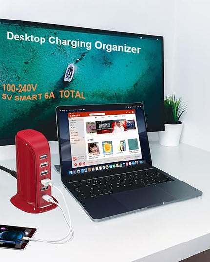 USB Phone Charger 6 Ports 40W Upoy, Type C Wall Charger Smart 6A, Charging Tower with 5ft Power Cord, USB Power Adapter Fast Charging, Smart Home Device Charging Station, iPhone/Ipad Accessories
