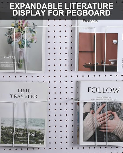 4 Pair Pegboard Display Shelves Expandable Width Metal Magazine Holder Hanging Wall File Organizer Pegboard Accessories Wall Decor for Pantry Exhibitions Trade Show Retail Store(White)