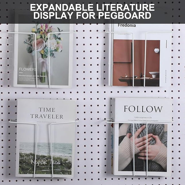 4 Pair Pegboard Display Shelves Expandable Width Metal Magazine Holder Hanging Wall File Organizer Pegboard Accessories Wall Decor for Pantry Exhibitions Trade Show Retail Store(White)