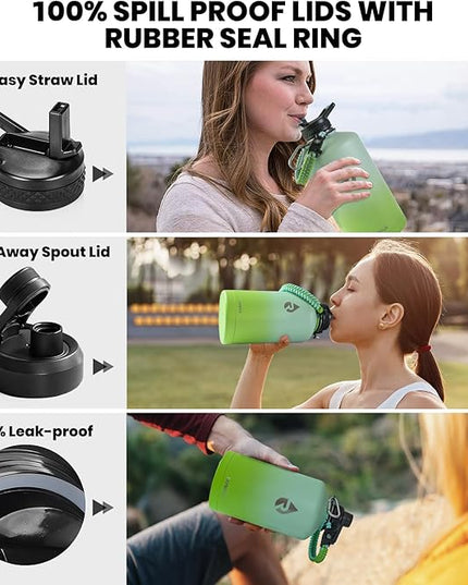 One Gallon Water Bottle Insulated, Triple Walled Vacuum Stainless Steel (Cold for 48 Hrs), Leak Proof & Non-BPA, Large Water Flask Jug with Paracord Handle & Straw Spout Lids