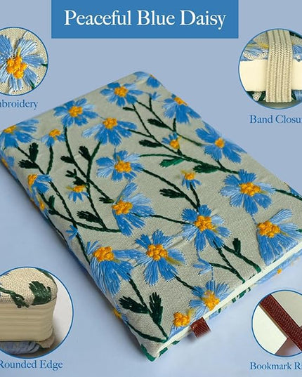A5 Notebook, Flower Journal, Embroidered Notebook, 8"x6", Hardcover, Lay Flat, Lined, Wide Ruled Paper, Personalized Notebook, Pretty Journal, Daisy Gifts for Women, Blue, with Elastic Band