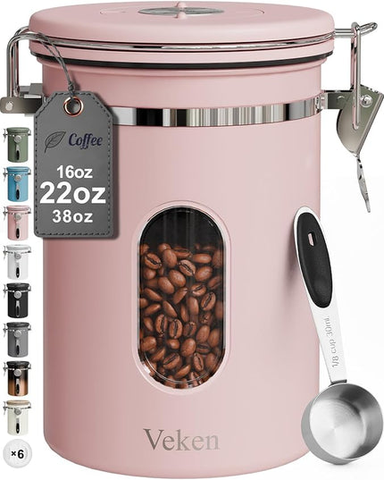 Veken Coffee Canister with Window, Airtight Stainless Steel Kitchen Food Storage Container with Lids, Date Tracker and Scoop for Grounds Coffee, Beans, Tea, Flour, Cereal, Sugar Jars, 22OZ, Pink