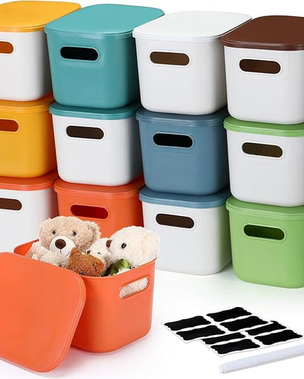 Thyle 12 Pack 7 Quarts Plastic Storage Bins for Christmas Storage with Lids Handles Colorful Stackable Desktop Box Bins with Label for Shelf Drawer,10 x 7 x 6 Inch (Stylish Color)