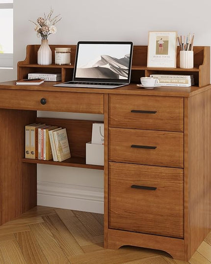 4 EVER WINNER Computer Desk with Drawers for Small Spaces, Wood Desk with File Cabinet & Monitor Stand, Office Desks Writing Study Table for Bedroom, Brown