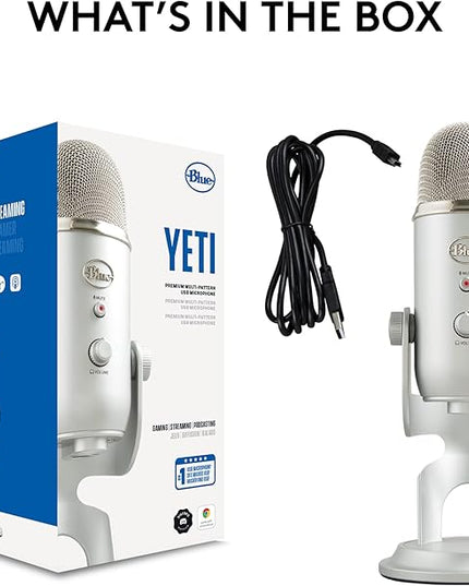 Logitech Creators Blue Yeti USB Microphone for Gaming, Streaming, Podcast, YouTube, Discord, PC, Studio Sound, Plug & Play-Silver