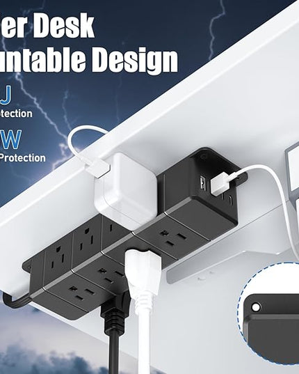 40W Fast Charging Under Desk Power Strip,12 Outlet Mountable Power Strip with 4 USB,1200J Surge Protection,10FT Flat Extension Cord Black