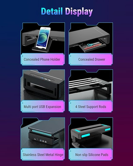 Yunseity Monitor Stand with 4 USB Ports, Height Adjustable Monitor Riser with Phone Charger, USB Ports Hub and Drawer Storage, RGB Lighting Desktop Organizer for Laptop TV Speaker