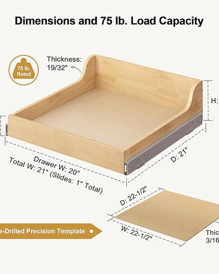 ALINE FURNITURE Birch Pull Out Drawers for Cabinets, 21" W x 21" D x 6" H Soft-Close Slide Out Drawer for Kitchen Cabinets, Pull Out Shelves, Pantry Cabinet Organizer, with Pre-Drilled Wood Template