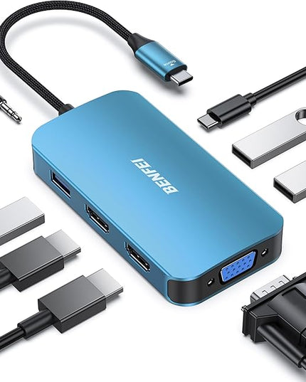 BENFEI USB C Docking Station, 8-in-1 USB C Hub with Triple Display Dual HDMI, VGA, 3*USB 3.0, 100W Power Delivery, 3.5mm AUX Audio Compatible with MacBook Pro, XPS and More