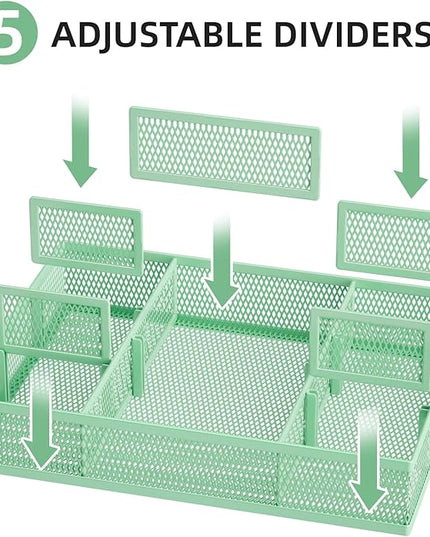 Marbrasse 2 Pack Desk Drawer Organizer, Mesh Drawer Organizer Tray with 8 Adjustable Compartments, Desk Organizers and Accessories, 5 Dividers Drawer for Office Supplies, Makeup & Vanity (Green)