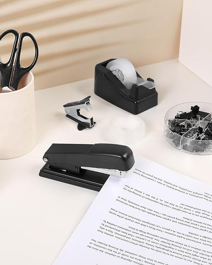 SKYDUE Black Office Supplies Set, Black Desk Accessories, Stapler, Tape Dispenser, Scissors, Binder/Paper Clips and 1000pcs Staples, Desk Supplies Set