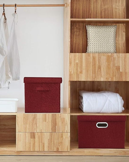 TYEERS Collapsible Storage Bins With Lids, Large Fabric Storage Boxes - 2 Pack - Red Wine