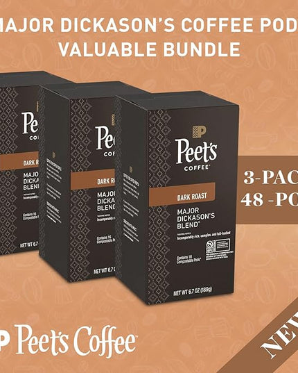 Peet’s Major Dickason’s Coffee Pods – 48 Count (3 Packs of 16) – Dark Roast with Bold, Rich Flavor and Smooth Finish – Compatible with Pelecom Coffee Machines – Peet’s Coffee Pods & Capsules