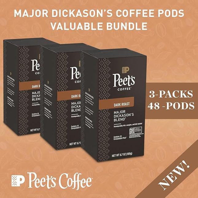 Peet’s Major Dickason’s Coffee Pods – 48 Count (3 Packs of 16) – Dark Roast with Bold, Rich Flavor and Smooth Finish – Compatible with Pelecom Coffee Machines – Peet’s Coffee Pods & Capsules