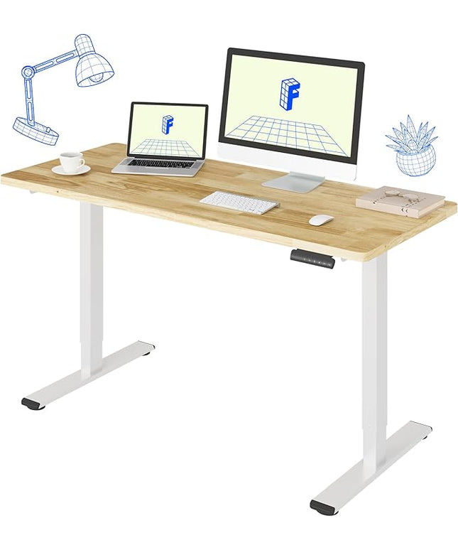 FLEXISPOT E3 Solid Wood Dual Motor Electric Standing Desk 55 x 24 Sit Stand Desk, Holds 220 lbs, Adjustable Height w/Memory Presets, Butcher Block Rubberwood Desktop & White Frame, Ships in 2 Boxes