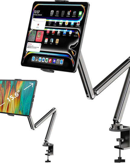 KU XIU Aluminum Alloy Tablet Stand for Desk, Adjustable Foldable Arm Holder Mount Compatible with iPad 10/9th, iPad 13/12.9/11'' Pro Air Mini, Portable Monitor 7-15.6'', Samsung Galaxy Tab S9/FE/A9/S6