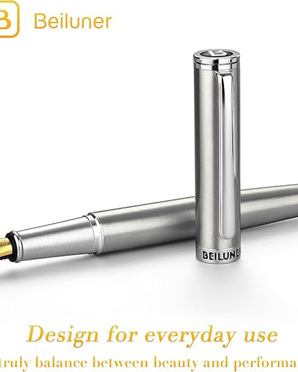 BEILUNER Luxury Fountain Pen Set, Solid 24K Gilded Fine Nib, Silver Stainless Steel Body- Includes 6 Ink Cartridges & Ink Refill Converter with Gift Case - Perfect for Men and Women